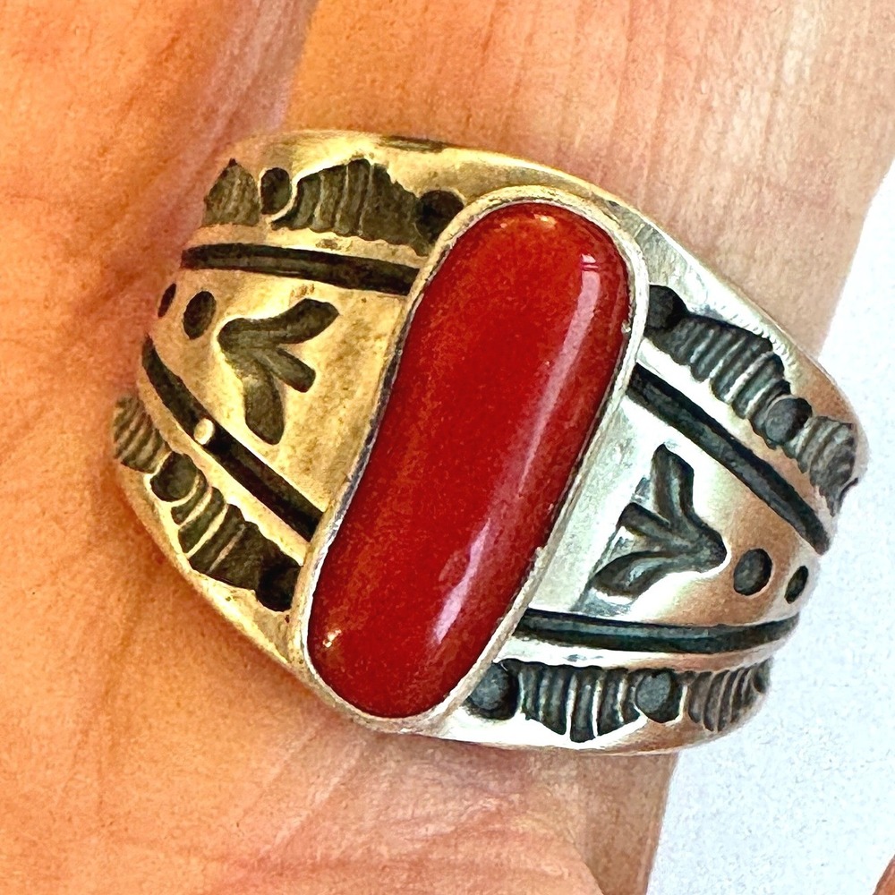 Navajo Red Coral Band Sz 9.5 Ring Signed Francis Sterling Native Amer USA